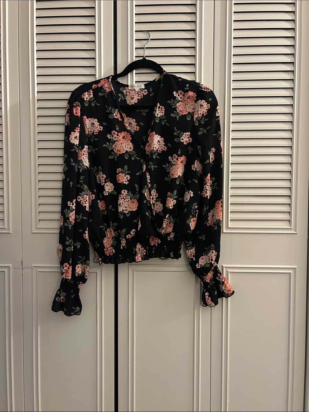 New York & Company Black Floral Peasant Blouse with Pink Blossoms